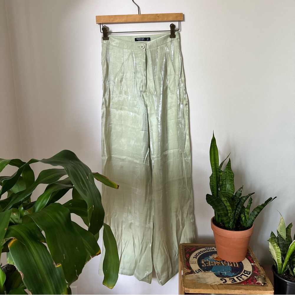 NASTY GAL WIDE LEG GREEN TROUSERS Satin Shimmer Wide Leg Pants
